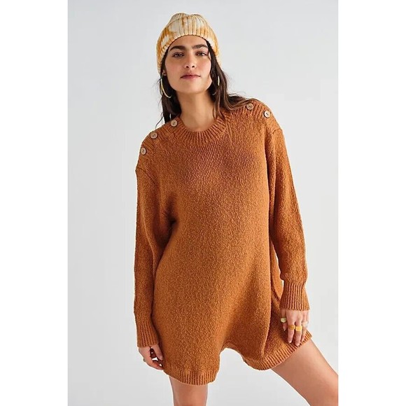 NEW Free People FP Beach Forever Sweater Romper Bran Brown Knit Short Buttons XS - Picture 1 of 6